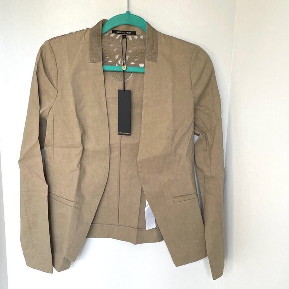 Kobi Halperin Embroidered Linen Blazer Womens XS Tan Open Front Lace Jacket - Picture 2 of 11